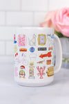 Friends mug. The iconic couch, Central Perk, the dog statue, unagi, smelly cat, Hugsy, the Geller cup, holiday armadillo, the recliners, the foosball table, Phoebe's cab, the fountain, the pivot couch, and many more favorites
