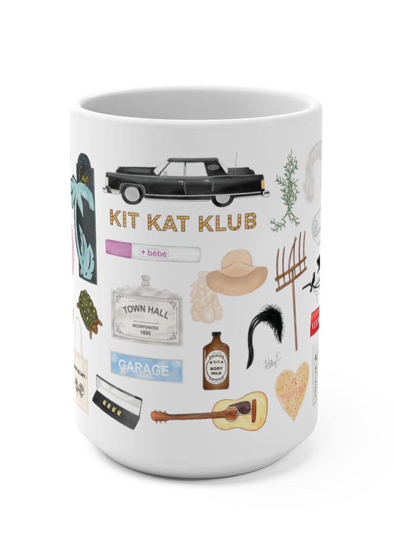 Schitt's Creek mug. Johnny's iconic Bob Cratchit night shirt, the pink bike, motel coaster, Rose Apothecary tote bag, Ted the turtle, some of Moira's famous wigs, a nod to bébé, the 1978 Lincoln, Town Hall, Bob's Garage, the gold proposal rings, David's pitch fork, the sad Christmas tree, A Little Bit Alexis season one dvd set, The Crows Have Eyes movie poster, a nod to "fold in the cheese", Moira's Rose's Garden plaque, Alexis's hat and cell phone