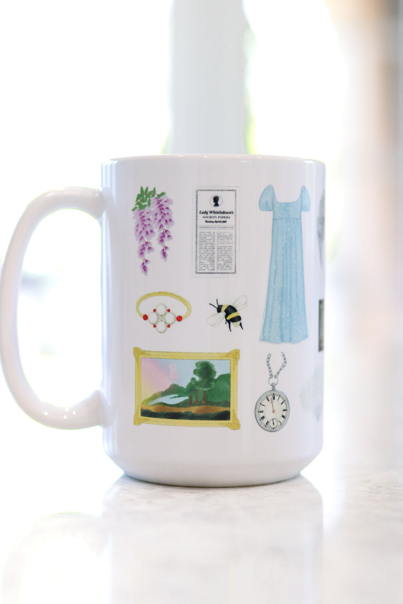 Bridgerton mug. Wisteria, Daphne's ring, Simon's mother's favorite painting, Lady Whistledown's Society Papers, bumble bees, Anthony's pocket watch, Daphne's dress, the Queen's wig, the iconic spoon, the tree from the opening credits, the Danbury ball dance card