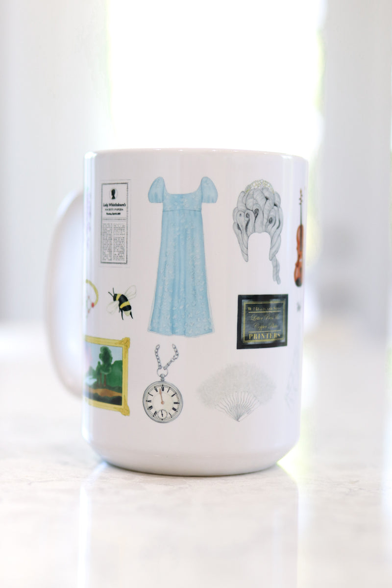 Bridgerton mug. Wisteria, Daphne's ring, Simon's mother's favorite painting, Lady Whistledown's Society Papers, bumble bees, Anthony's pocket watch, Daphne's dress, the Queen's wig, the iconic spoon, the tree from the opening credits, the Danbury ball dance card