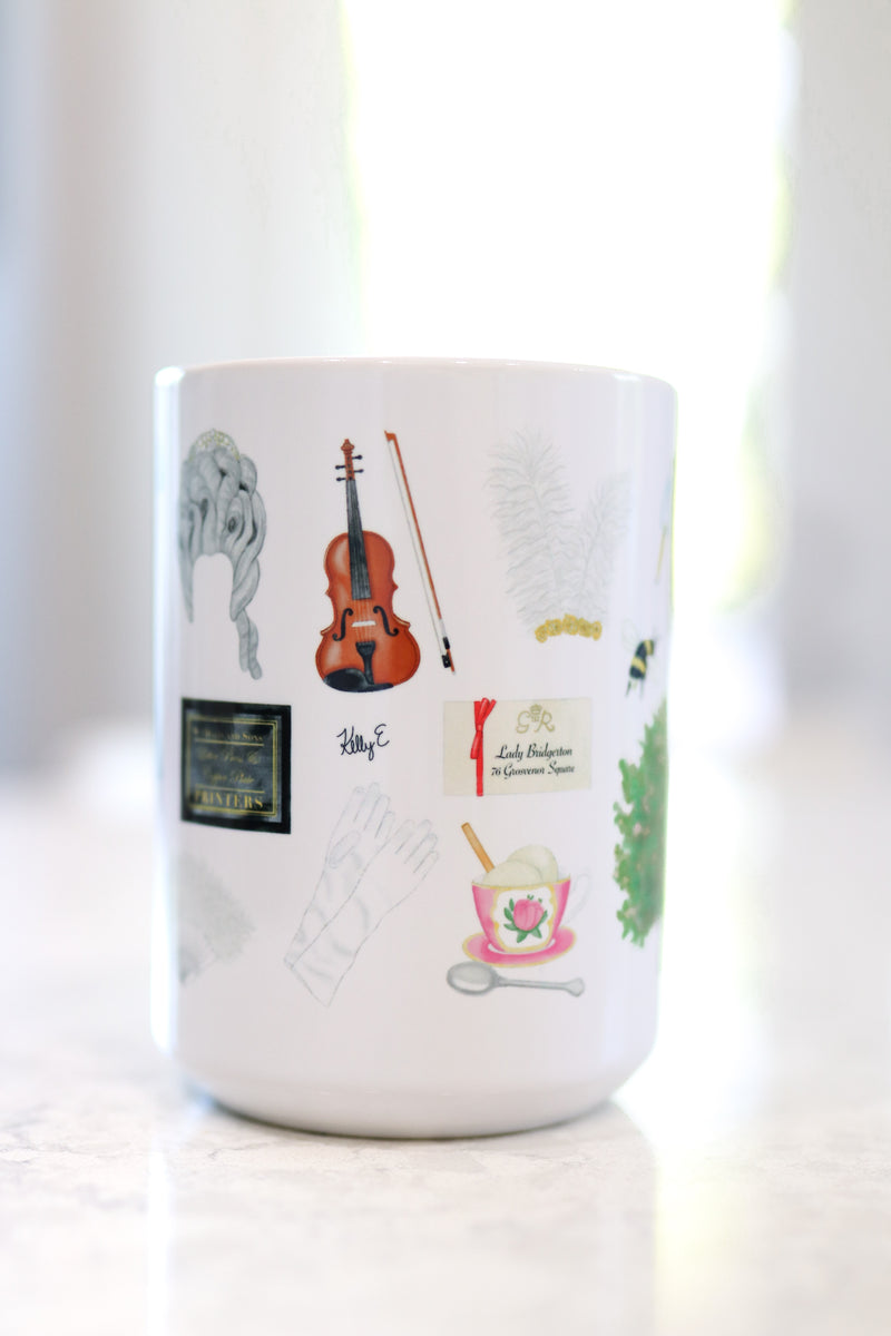 Bridgerton mug. Wisteria, Daphne's ring, Simon's mother's favorite painting, Lady Whistledown's Society Papers, bumble bees, Anthony's pocket watch, Daphne's dress, the Queen's wig, the iconic spoon, the tree from the opening credits, the Danbury ball dance card