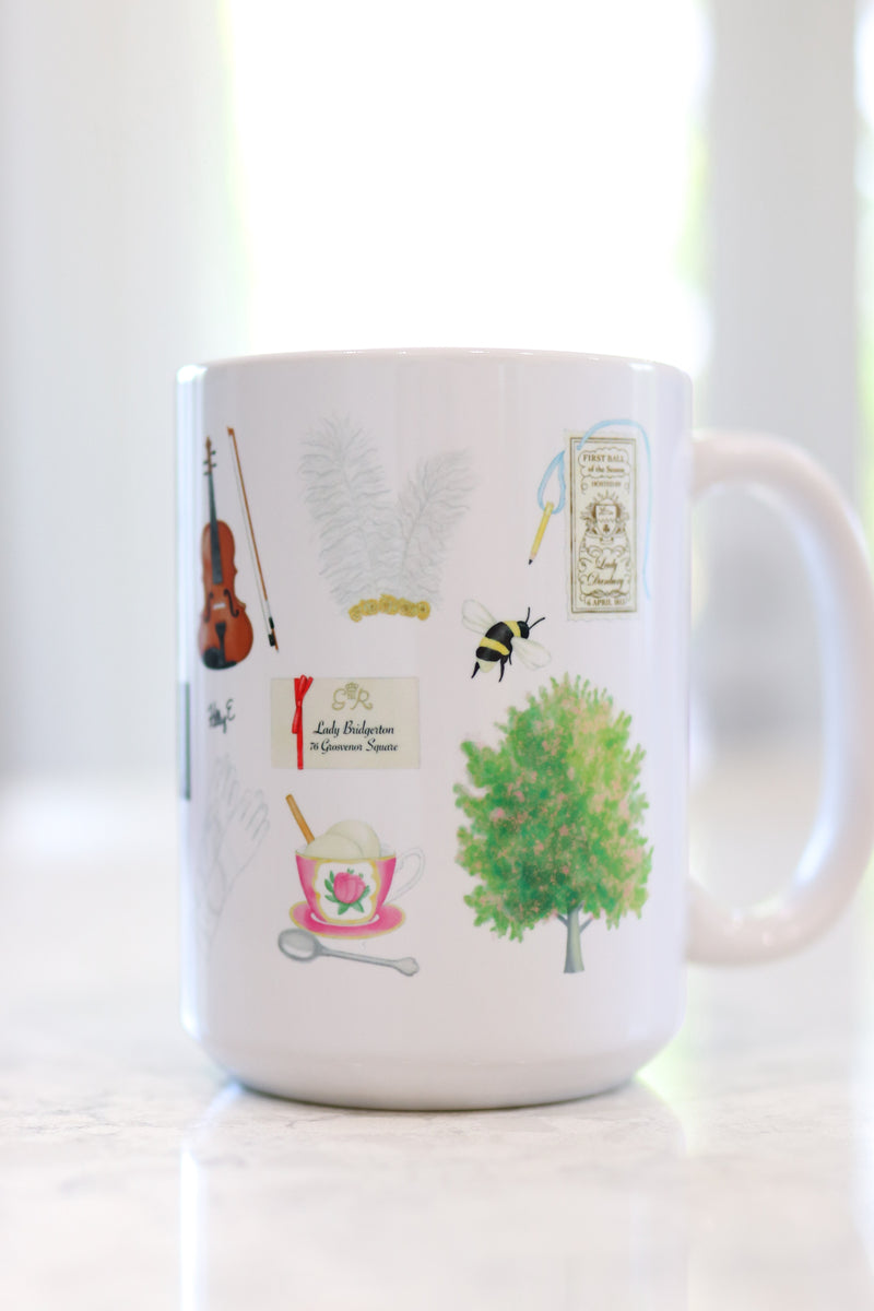 Bridgerton mug. Wisteria, Daphne's ring, Simon's mother's favorite painting, Lady Whistledown's Society Papers, bumble bees, Anthony's pocket watch, Daphne's dress, the Queen's wig, the iconic spoon, the tree from the opening credits, the Danbury ball dance card