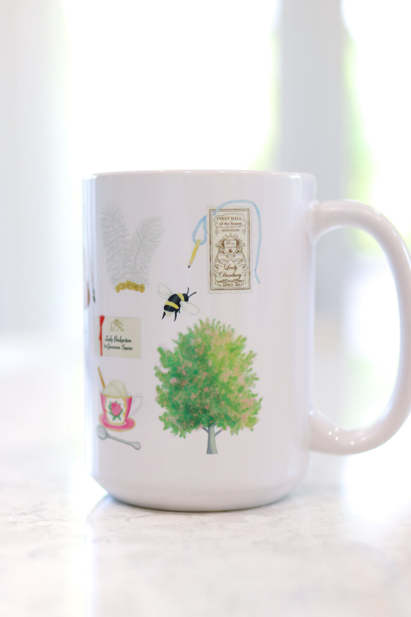 Bridgerton mug. Wisteria, Daphne's ring, Simon's mother's favorite painting, Lady Whistledown's Society Papers, bumble bees, Anthony's pocket watch, Daphne's dress, the Queen's wig, the iconic spoon, the tree from the opening credits, the Danbury ball dance card