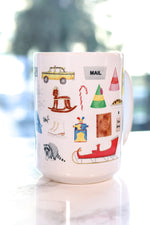 Elf mug. Buddy's signature coat and hat, Jovi's elf hat, maple syrup, fruit spray, the Empire State Building, the Rockefeller Center Christmas tree, the infamous Jack in the Box and raccoon who doesn't want a hug, Buddy's to do list, Mr. Narwhal and Arctic Puffin, the Clausometer, VCR full of cookies, Buddy's spaghetti, handmade rocking horse, shiny mailroom bins, Santa's sleigh and book of names and wishes, and the infamous yellow cabs that don't stop