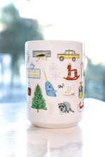Elf mug. Buddy's signature coat and hat, Jovi's elf hat, maple syrup, fruit spray, the Empire State Building, the Rockefeller Center Christmas tree, the infamous Jack in the Box and raccoon who doesn't want a hug, Buddy's to do list, Mr. Narwhal and Arctic Puffin, the Clausometer, VCR full of cookies, Buddy's spaghetti, handmade rocking horse, shiny mailroom bins, Santa's sleigh and book of names and wishes, and the infamous yellow cabs that don't stop