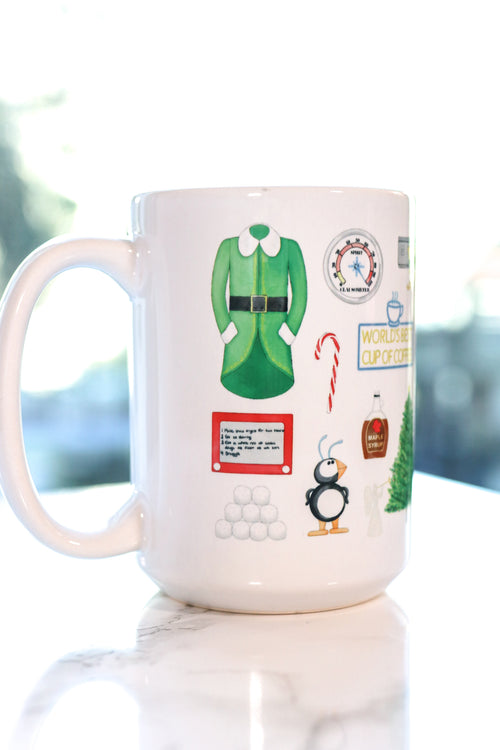 Elf mug. Buddy's signature coat and hat, Jovi's elf hat, maple syrup, fruit spray, the Empire State Building, the Rockefeller Center Christmas tree, the infamous Jack in the Box and raccoon who doesn't want a hug, Buddy's to do list, Mr. Narwhal and Arctic Puffin, the Clausometer, VCR full of cookies, Buddy's spaghetti, handmade rocking horse, shiny mailroom bins, Santa's sleigh and book of names and wishes, and the infamous yellow cabs that don't stop