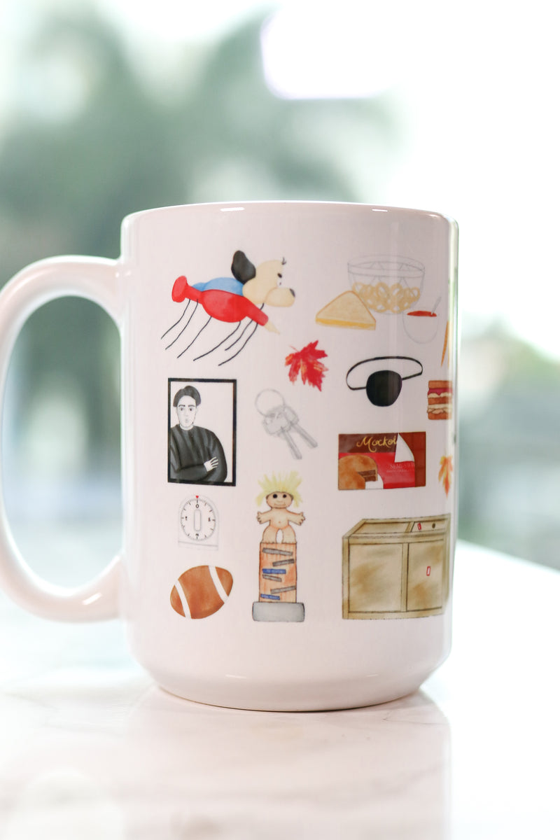 Friends Thanksgiving mug. The Geller cup, the parade float that escaped, Chandler's Thanksgiving food, mockolate, the infamous sandwich, the turkey head with glasses, Rachel's trifle, Joey's Thanksgiving pants, Monica's fancy plates, the 50 States game, Emma's toddler pageant Original watercolor artwork.