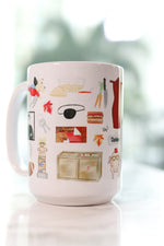 Friends Thanksgiving mug. The Geller cup, the parade float that escaped, Chandler's Thanksgiving food, mockolate, the infamous sandwich, the turkey head with glasses, Rachel's trifle, Joey's Thanksgiving pants, Monica's fancy plates, the 50 States game, Emma's toddler pageant Original watercolor artwork.
