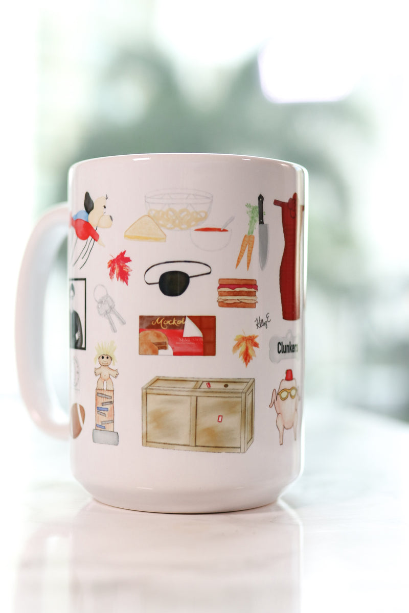 Friends Thanksgiving mug. The Geller cup, the parade float that escaped, Chandler's Thanksgiving food, mockolate, the infamous sandwich, the turkey head with glasses, Rachel's trifle, Joey's Thanksgiving pants, Monica's fancy plates, the 50 States game, Emma's toddler pageant Original watercolor artwork.