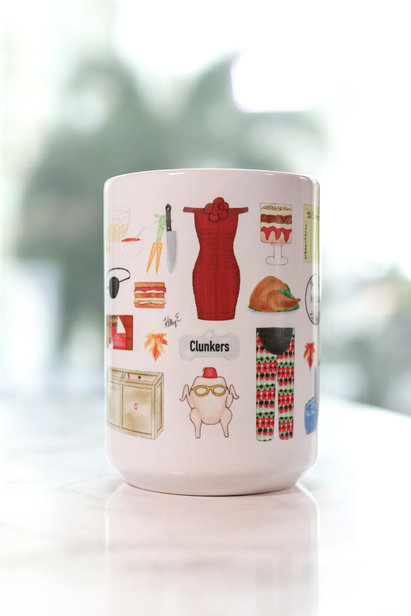 Friends Thanksgiving mug. The Geller cup, the parade float that escaped, Chandler's Thanksgiving food, mockolate, the infamous sandwich, the turkey head with glasses, Rachel's trifle, Joey's Thanksgiving pants, Monica's fancy plates, the 50 States game, Emma's toddler pageant Original watercolor artwork.
