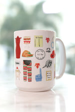Friends Thanksgiving mug. The Geller cup, the parade float that escaped, Chandler's Thanksgiving food, mockolate, the infamous sandwich, the turkey head with glasses, Rachel's trifle, Joey's Thanksgiving pants, Monica's fancy plates, the 50 States game, Emma's toddler pageant Original watercolor artwork.