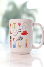 Friends Thanksgiving mug. The Geller cup, the parade float that escaped, Chandler's Thanksgiving food, mockolate, the infamous sandwich, the turkey head with glasses, Rachel's trifle, Joey's Thanksgiving pants, Monica's fancy plates, the 50 States game, Emma's toddler pageant Original watercolor artwork.