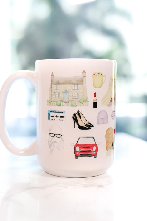 The Holiday movie Christmas mug. Iris's cottage in Surrey, Amanda's house in LA, hot chocolate with five marshmallows, the girls' tent, Frappuccinos with a little dollop and big dollop, a night with Arthur invitation and his tie, Arthur's Oscar, Arthur's orchid corsage for Iris, Amanda's sleep mask, Miles's keyboard, Iris's Mini Cooper, Berry Kiss lipstick, and more!