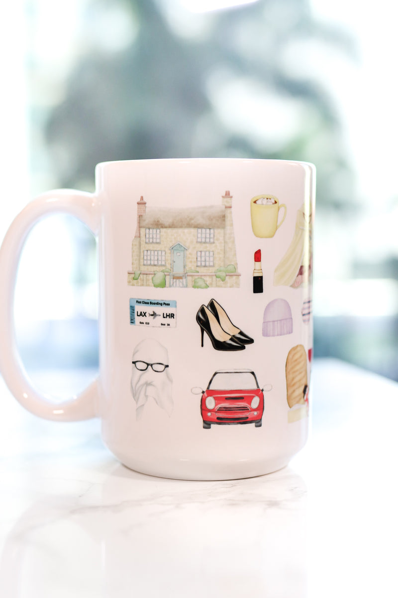 The Holiday movie Christmas mug. Iris's cottage in Surrey, Amanda's house in LA, hot chocolate with five marshmallows, the girls' tent, Frappuccinos with a little dollop and big dollop, a night with Arthur invitation and his tie, Arthur's Oscar, Arthur's orchid corsage for Iris, Amanda's sleep mask, Miles's keyboard, Iris's Mini Cooper, Berry Kiss lipstick, and more!