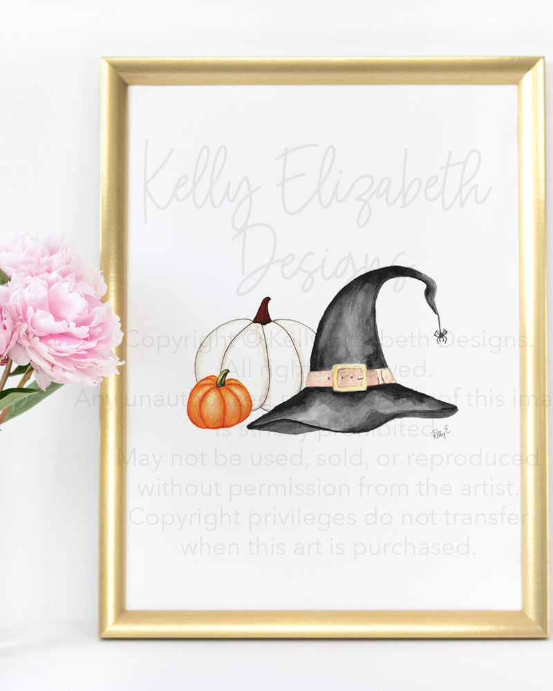 Black Witch Hat and Pumpkins Art Print