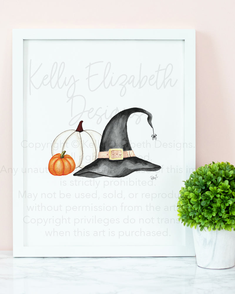 Black Witch Hat and Pumpkins Art Print