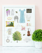 Bridgerton art print. Wisteria, Daphne's ring, Simon's mother's favorite painting, Lady Whistledown's Society Papers, bumble bees, Anthony's pocket watch, Daphne's dress, the Queen's wig, the iconic spoon, the tree from the opening credits, the Danbury ball dance card