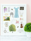 Bridgerton art print. Wisteria, Daphne's ring, Simon's mother's favorite painting, Lady Whistledown's Society Papers, bumble bees, Anthony's pocket watch, Daphne's dress, the Queen's wig, the iconic spoon, the tree from the opening credits, the Danbury ball dance card
