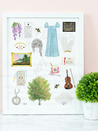 Bridgerton art print. Wisteria, Daphne's ring, Simon's mother's favorite painting, Lady Whistledown's Society Papers, bumble bees, Anthony's pocket watch, Daphne's dress, the Queen's wig, the iconic spoon, the tree from the opening credits, the Danbury ball dance card