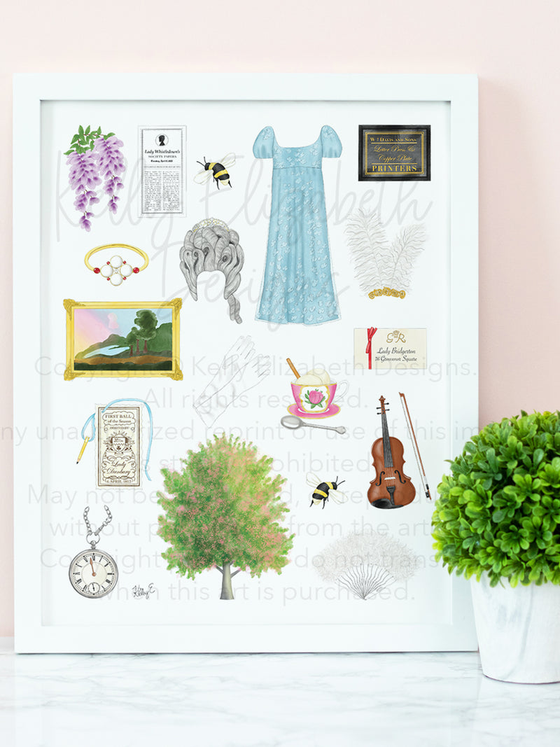 Bridgerton art print. Wisteria, Daphne's ring, Simon's mother's favorite painting, Lady Whistledown's Society Papers, bumble bees, Anthony's pocket watch, Daphne's dress, the Queen's wig, the iconic spoon, the tree from the opening credits, the Danbury ball dance card