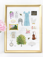 Bridgerton art print. Wisteria, Daphne's ring, Simon's mother's favorite painting, Lady Whistledown's Society Papers, bumble bees, Anthony's pocket watch, Daphne's dress, the Queen's wig, the iconic spoon, the tree from the opening credits, the Danbury ball dance card