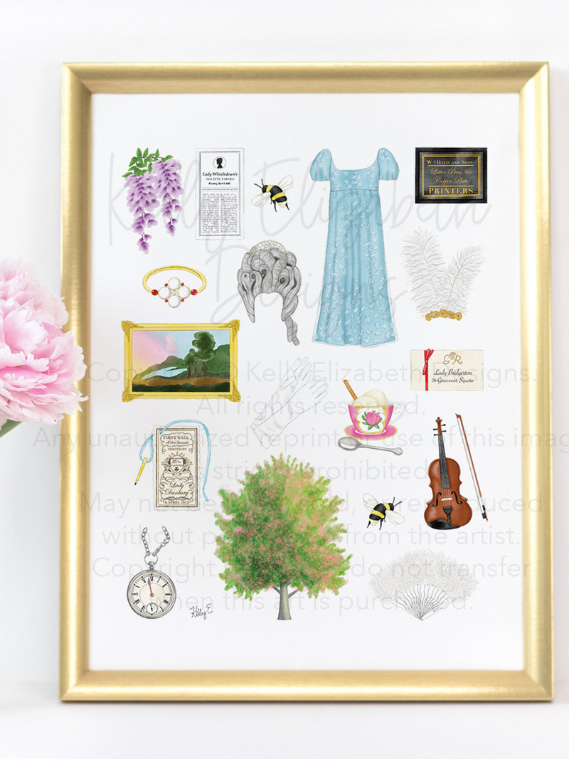 Bridgerton art print. Wisteria, Daphne's ring, Simon's mother's favorite painting, Lady Whistledown's Society Papers, bumble bees, Anthony's pocket watch, Daphne's dress, the Queen's wig, the iconic spoon, the tree from the opening credits, the Danbury ball dance card