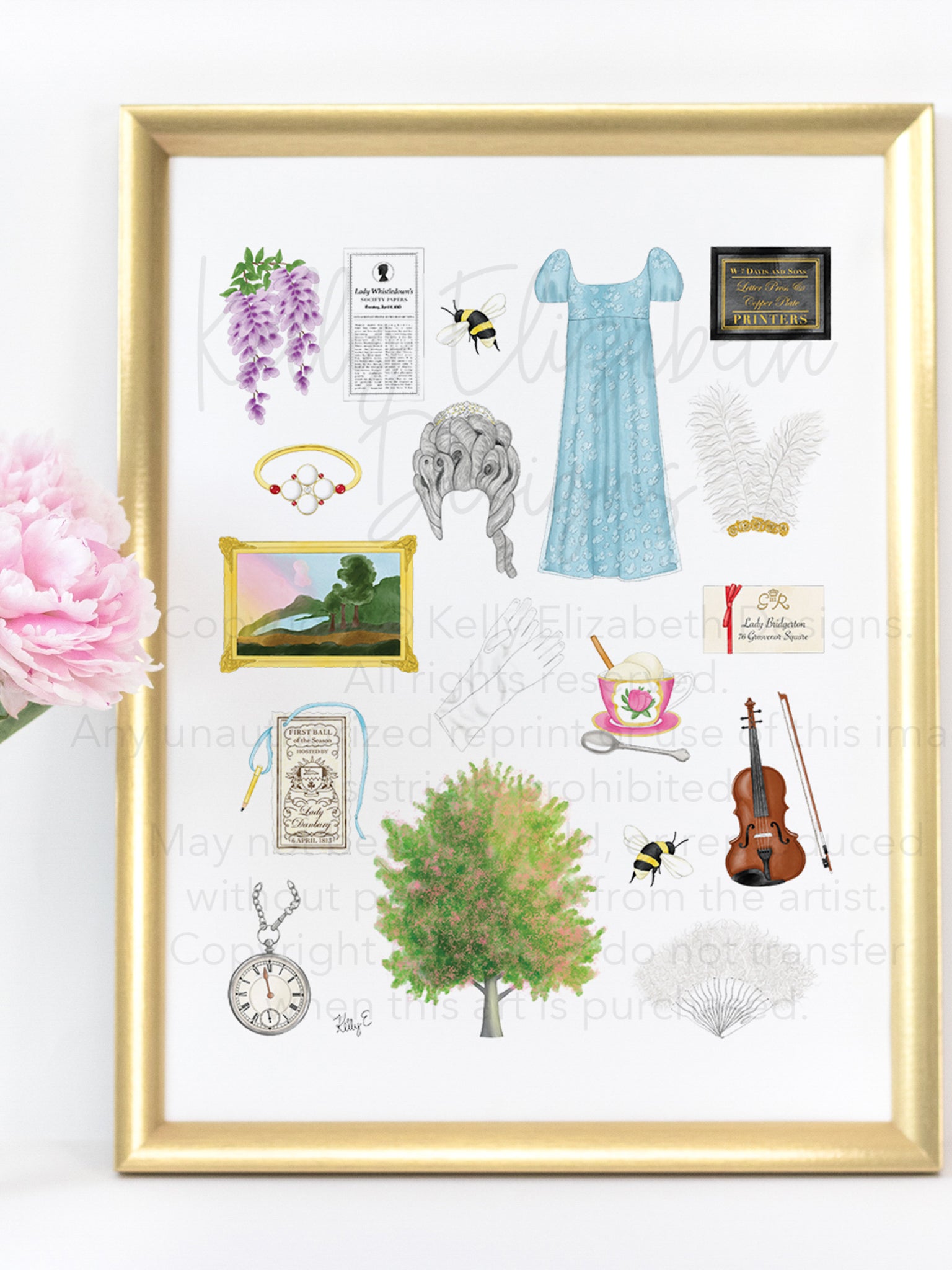 Bridgerton art print. Wisteria, Daphne's ring, Simon's mother's favorite painting, Lady Whistledown's Society Papers, bumble bees, Anthony's pocket watch, Daphne's dress, the Queen's wig, the iconic spoon, the tree from the opening credits, the Danbury ball dance card