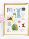 Bridgerton art print. Wisteria, Daphne's ring, Simon's mother's favorite painting, Lady Whistledown's Society Papers, bumble bees, Anthony's pocket watch, Daphne's dress, the Queen's wig, the iconic spoon, the tree from the opening credits, the Danbury ball dance card