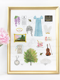 Bridgerton art print. Wisteria, Daphne's ring, Simon's mother's favorite painting, Lady Whistledown's Society Papers, bumble bees, Anthony's pocket watch, Daphne's dress, the Queen's wig, the iconic spoon, the tree from the opening credits, the Danbury ball dance card