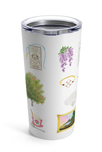 Bridgerton tumbler. Wisteria, Daphne's ring, Simon's mother's favorite painting, Lady Whistledown's Society Papers, bumble bees, Anthony's pocket watch, Daphne's dress, the Queen's wig, the iconic spoon, the tree from the opening credits, the Danbury ball dance card
