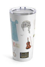 Bridgerton tumbler. Wisteria, Daphne's ring, Simon's mother's favorite painting, Lady Whistledown's Society Papers, bumble bees, Anthony's pocket watch, Daphne's dress, the Queen's wig, the iconic spoon, the tree from the opening credits, the Danbury ball dance card