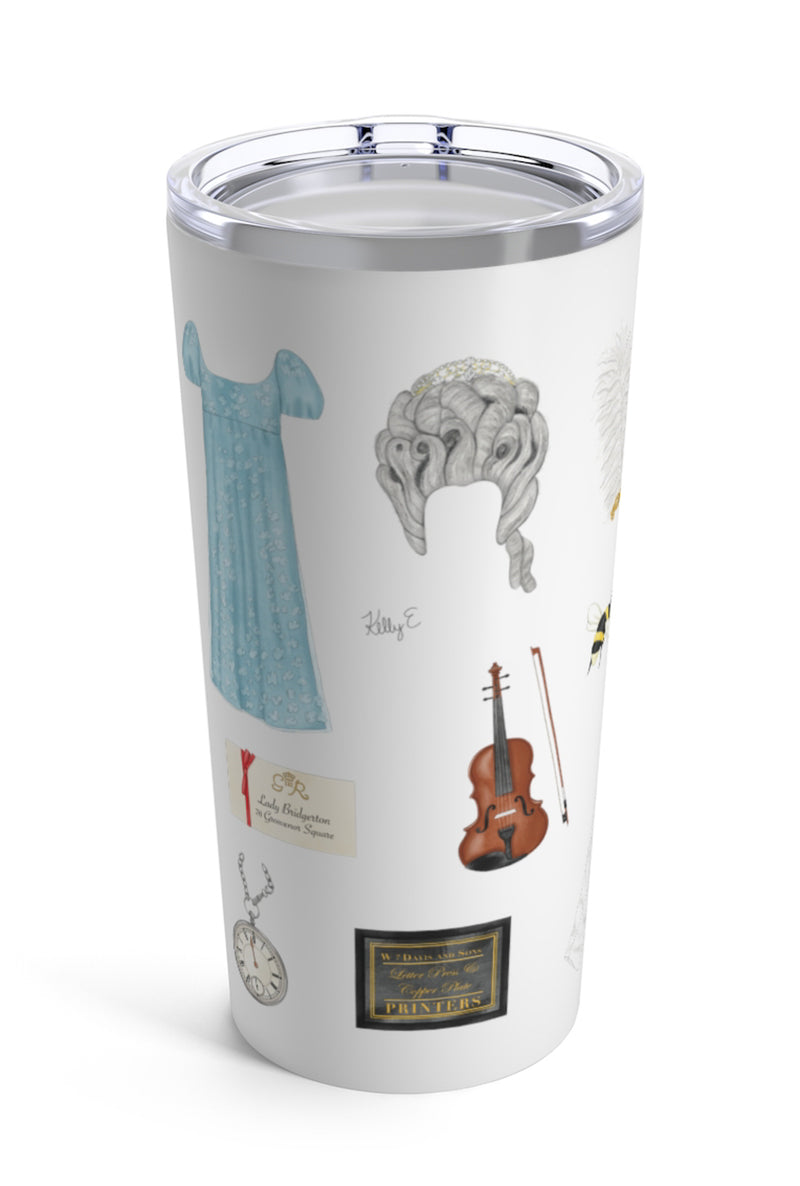 Bridgerton tumbler. Wisteria, Daphne's ring, Simon's mother's favorite painting, Lady Whistledown's Society Papers, bumble bees, Anthony's pocket watch, Daphne's dress, the Queen's wig, the iconic spoon, the tree from the opening credits, the Danbury ball dance card