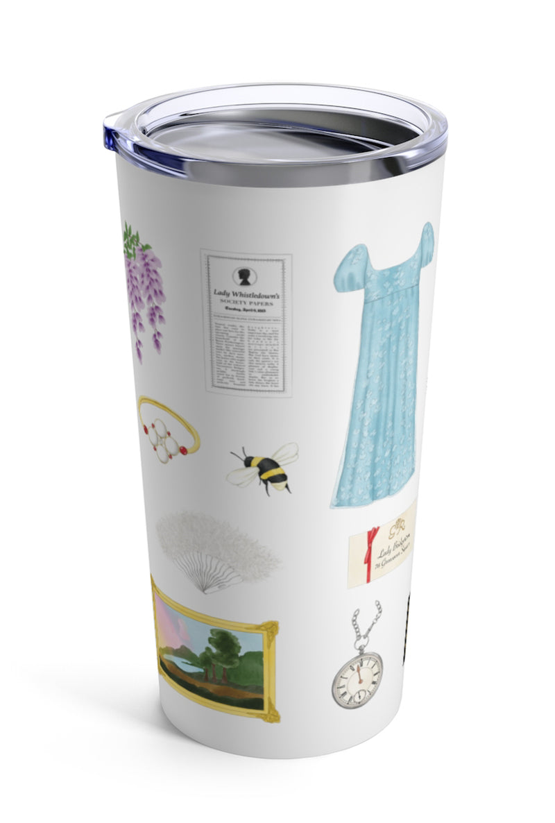 Bridgerton tumbler. Wisteria, Daphne's ring, Simon's mother's favorite painting, Lady Whistledown's Society Papers, bumble bees, Anthony's pocket watch, Daphne's dress, the Queen's wig, the iconic spoon, the tree from the opening credits, the Danbury ball dance card