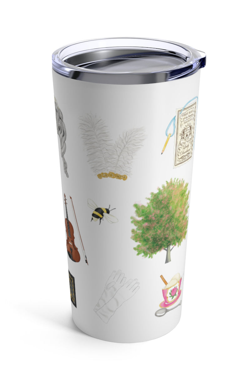 Bridgerton tumbler. Wisteria, Daphne's ring, Simon's mother's favorite painting, Lady Whistledown's Society Papers, bumble bees, Anthony's pocket watch, Daphne's dress, the Queen's wig, the iconic spoon, the tree from the opening credits, the Danbury ball dance card