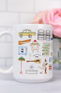 Friends mug. The iconic couch, Central Perk, the dog statue, unagi, smelly cat, Hugsy, the Geller cup, holiday armadillo, the recliners, the foosball table, Phoebe's cab, the fountain, the pivot couch, and many more favorites