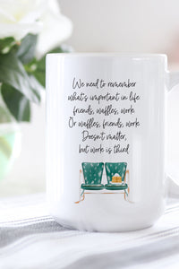 This is the perfect mug for anyone who loves all things Parks and Rec!   "We need to remember what's important in life: friends, waffles, work. Or waffles, friends, work. Doesn't matter, but work is third." - Leslie Knope Parks and Recreation mug