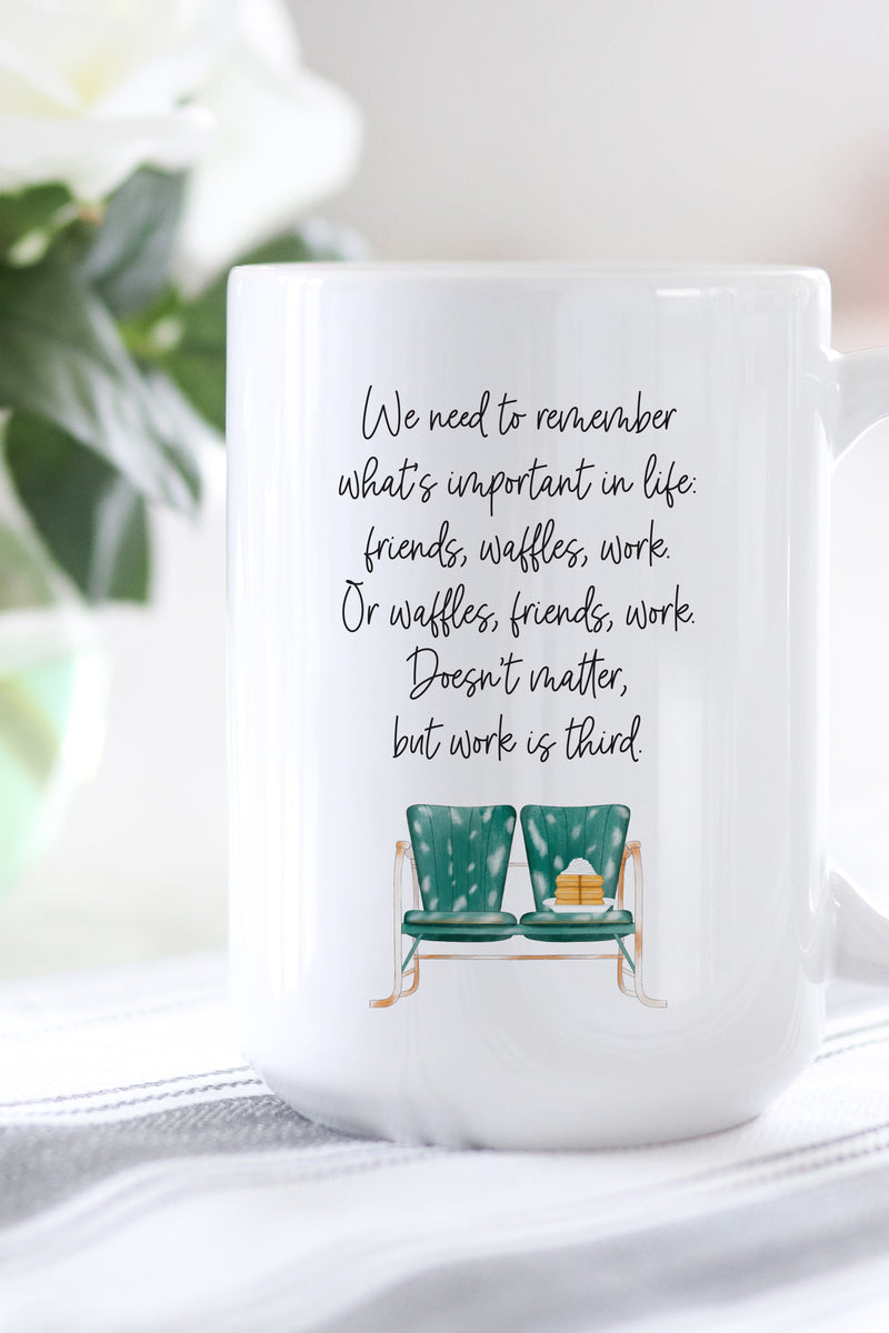 This is the perfect mug for anyone who loves all things Parks and Rec!   "We need to remember what's important in life: friends, waffles, work. Or waffles, friends, work. Doesn't matter, but work is third." - Leslie Knope Parks and Recreation mug