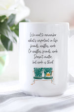 This is the perfect mug for anyone who loves all things Parks and Rec!   "We need to remember what's important in life: friends, waffles, work. Or waffles, friends, work. Doesn't matter, but work is third." - Leslie Knope Parks and Recreation mug