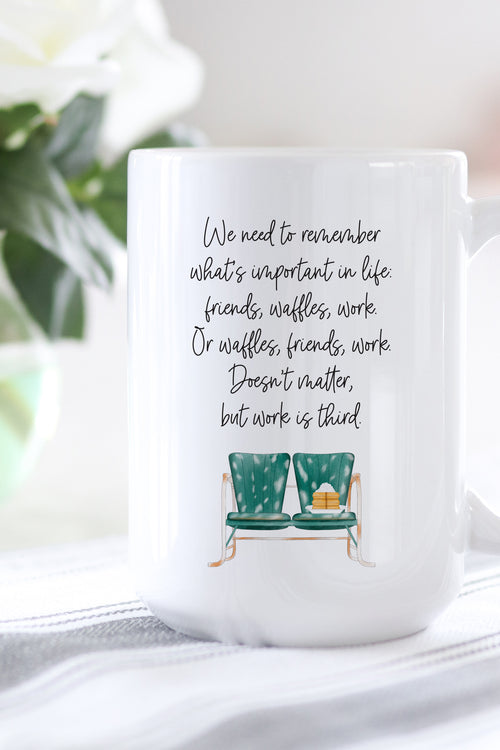 This is the perfect mug for anyone who loves all things Parks and Rec!   "We need to remember what's important in life: friends, waffles, work. Or waffles, friends, work. Doesn't matter, but work is third." - Leslie Knope Parks and Recreation mug