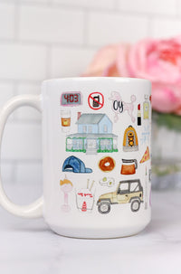 Gilmore Girls mug. Luke's diner sign, Sookie's chef jacket, the Stars Hollow Gazebo and town sign, the Dragonfly Inn, poptarts, bop it, Yale, Kim's Antiques, Paul Anka, the love rocket, Luke's hat, the feather hammer, the Jeep, oy with the poodles already, and many more favorites