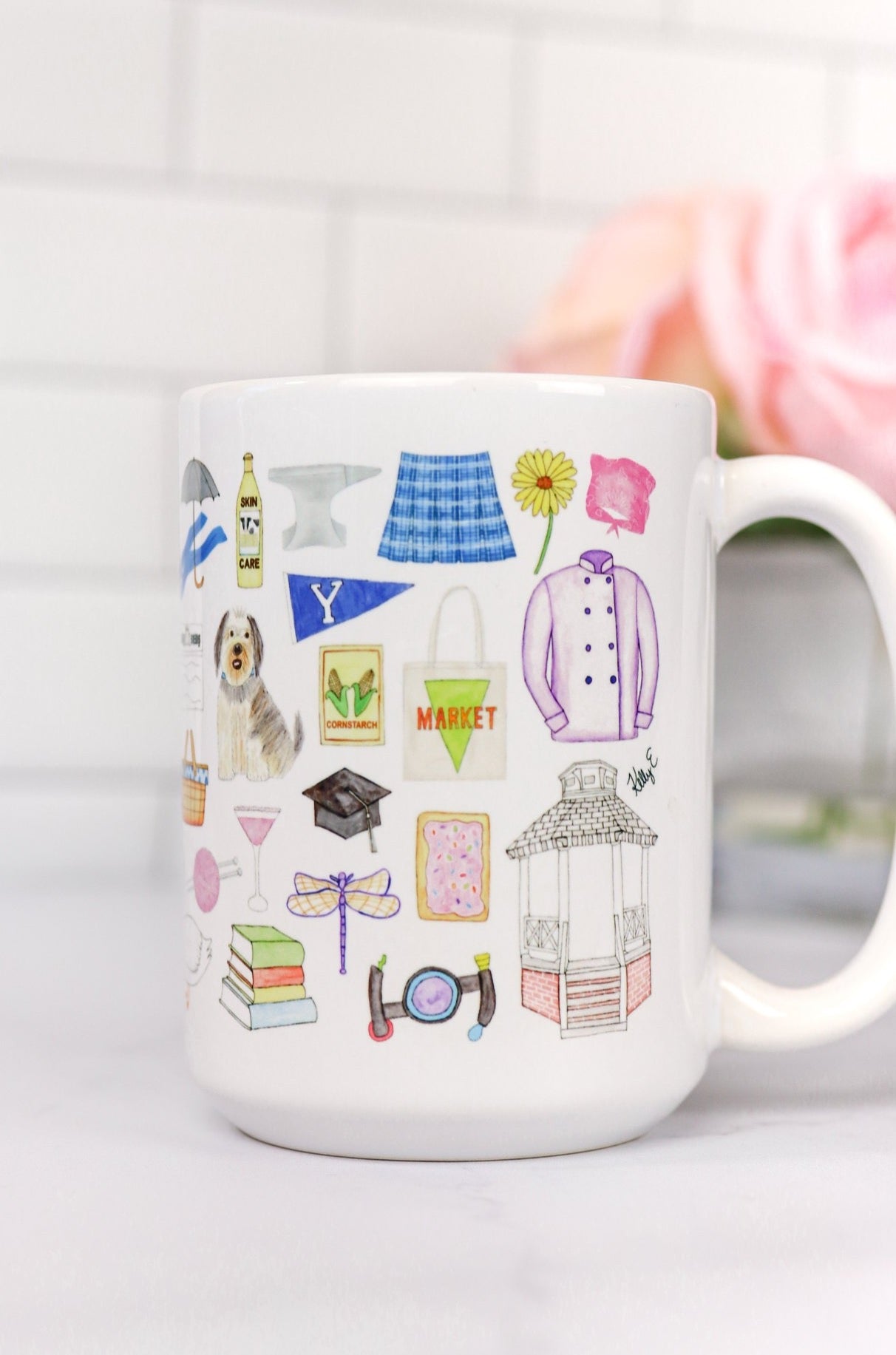 Gilmore Girls mug. Luke's diner sign, Sookie's chef jacket, the Stars Hollow Gazebo and town sign, the Dragonfly Inn, poptarts, bop it, Yale, Kim's Antiques, Paul Anka, the love rocket, Luke's hat, the feather hammer, the Jeep, oy with the poodles already, and many more favorites