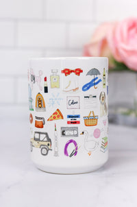 Gilmore Girls mug. Luke's diner sign, Sookie's chef jacket, the Stars Hollow Gazebo and town sign, the Dragonfly Inn, poptarts, bop it, Yale, Kim's Antiques, Paul Anka, the love rocket, Luke's hat, the feather hammer, the Jeep, oy with the poodles already, and many more favorites