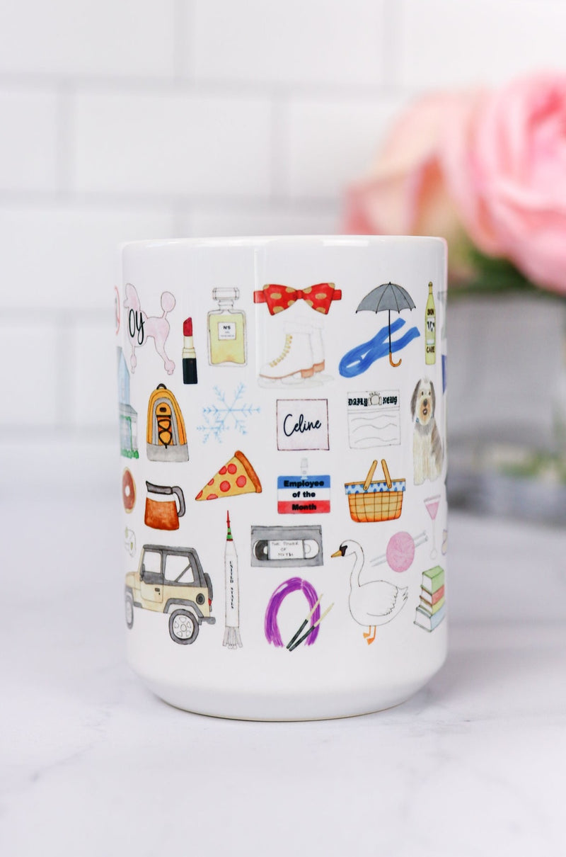 Gilmore Girls mug. Luke's diner sign, Sookie's chef jacket, the Stars Hollow Gazebo and town sign, the Dragonfly Inn, poptarts, bop it, Yale, Kim's Antiques, Paul Anka, the love rocket, Luke's hat, the feather hammer, the Jeep, oy with the poodles already, and many more favorites
