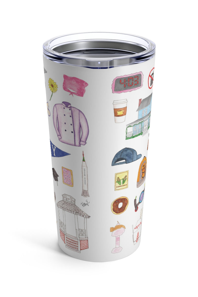 Gilmore Girls tumbler. Luke's diner sign, Sookie's chef jacket, the Stars Hollow Gazebo and town sign, the Dragonfly Inn, poptarts, bop it, Yale, Kim's Antiques, Paul Anka, the love rocket, Luke's hat, the feather hammer, the Jeep, oy with the poodles already, and many more favorites