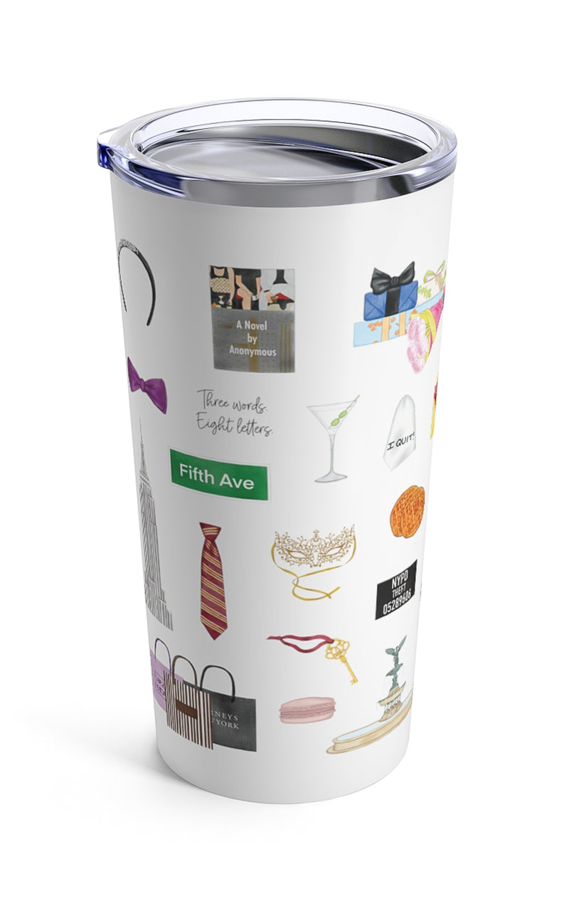 Gossip Girl Mug. The new queen headband, Chuck's purple bow tie and ring, St. Jude tie, Constance Billard neck tie, Inside by Anonymous, shopping bags, Chuck's gift for Blair, Serena's mugshot letter board, the key to the pool, Lily's ankle monitor, Bethesda fountain, a paper snowflake from Serena's Christmas gift to Dan, Dan's short story, a Kiss on the Lips party invitation, Jenny's sewing machine, Monkey's collar, Lincoln Hawk, Dorota's uniform headband, the Manhattan bridge