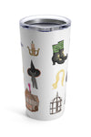 Hocus Pocus tumbler. Hocus Pocus mug. The infamous spell book, the Sanderson Sisters' hairstyles, the cauldron, Old Burial Hill cemetery, Billy Butcherson's headstone, the vacuum, broom, and mop, the black flame candle, Dani's witch hat, Binx the black cat, the Sanderson house