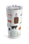 Hocus Pocus tumbler. Hocus Pocus mug. The infamous spell book, the Sanderson Sisters' hairstyles, the cauldron, Old Burial Hill cemetery, Billy Butcherson's headstone, the vacuum, broom, and mop, the black flame candle, Dani's witch hat, Binx the black cat, the Sanderson house