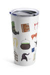 Hocus Pocus tumbler. Hocus Pocus mug. The infamous spell book, the Sanderson Sisters' hairstyles, the cauldron, Old Burial Hill cemetery, Billy Butcherson's headstone, the vacuum, broom, and mop, the black flame candle, Dani's witch hat, Binx the black cat, the Sanderson house