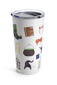 Hocus Pocus tumbler. Hocus Pocus mug. The infamous spell book, the Sanderson Sisters' hairstyles, the cauldron, Old Burial Hill cemetery, Billy Butcherson's headstone, the vacuum, broom, and mop, the black flame candle, Dani's witch hat, Binx the black cat, the Sanderson house
