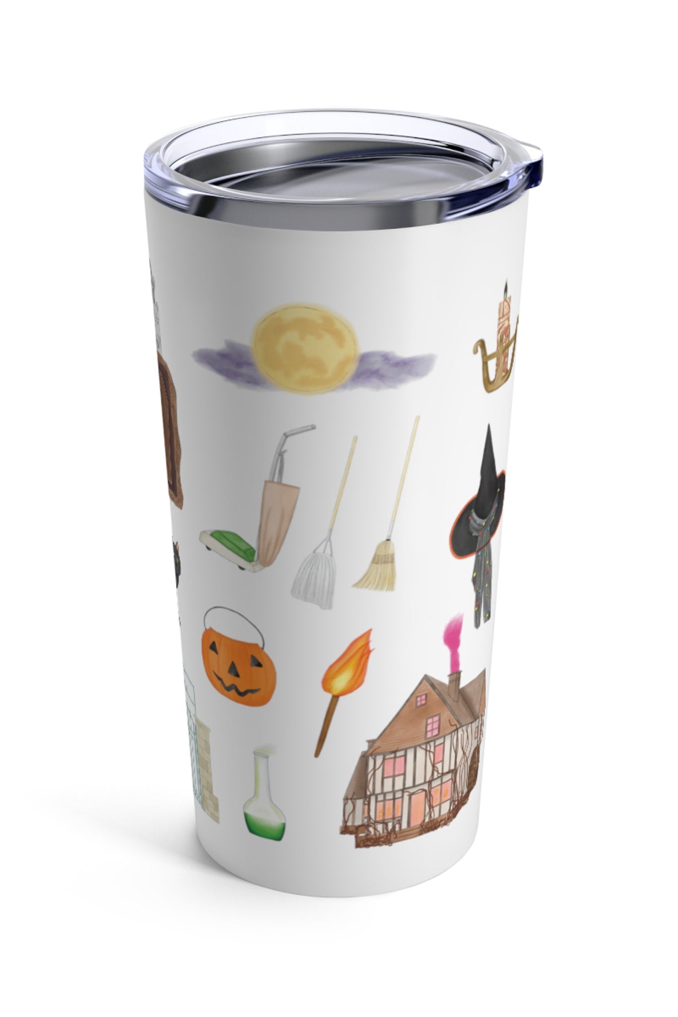 Hocus Pocus tumbler. Hocus Pocus mug. The infamous spell book, the Sanderson Sisters' hairstyles, the cauldron, Old Burial Hill cemetery, Billy Butcherson's headstone, the vacuum, broom, and mop, the black flame candle, Dani's witch hat, Binx the black cat, the Sanderson house